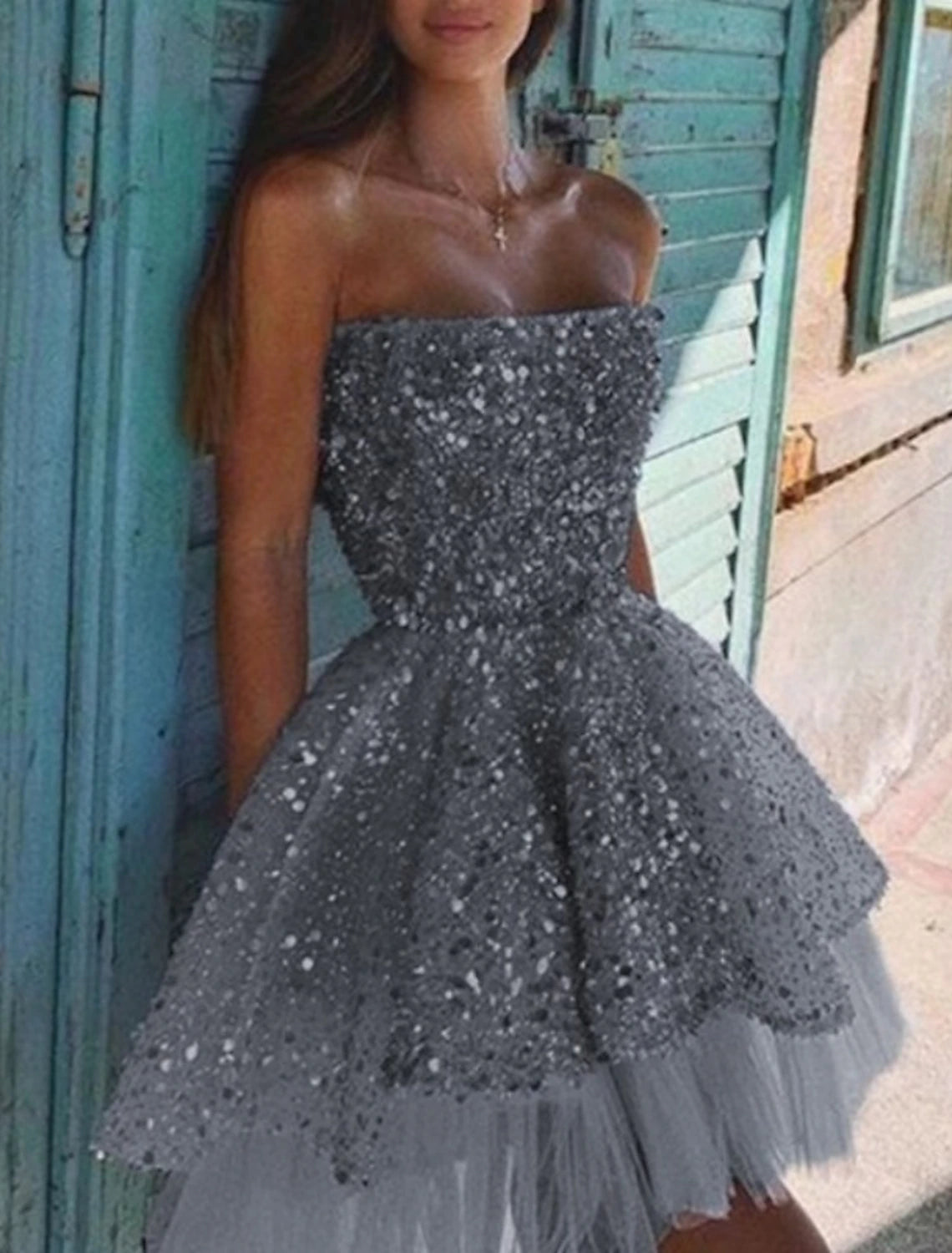 A-Line Sparkle&Shine Graduation Sleeveless Strapless Tulle with Sequin Ruffles Short/Mini Homecoming Dress