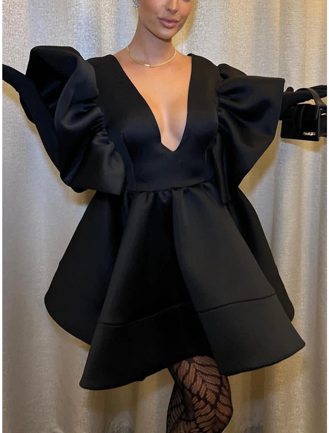 A-Line Vintage Short Sleeve V Neck Satin with Bow(s) Pleats Ruched Short/Mini Homecoming Dress