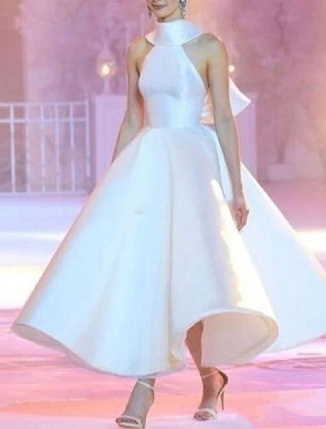 A-Line Vintage Sleeveless Halter Neck Satin with Sleek Bow(s) Ankle Length Homecoming Dress