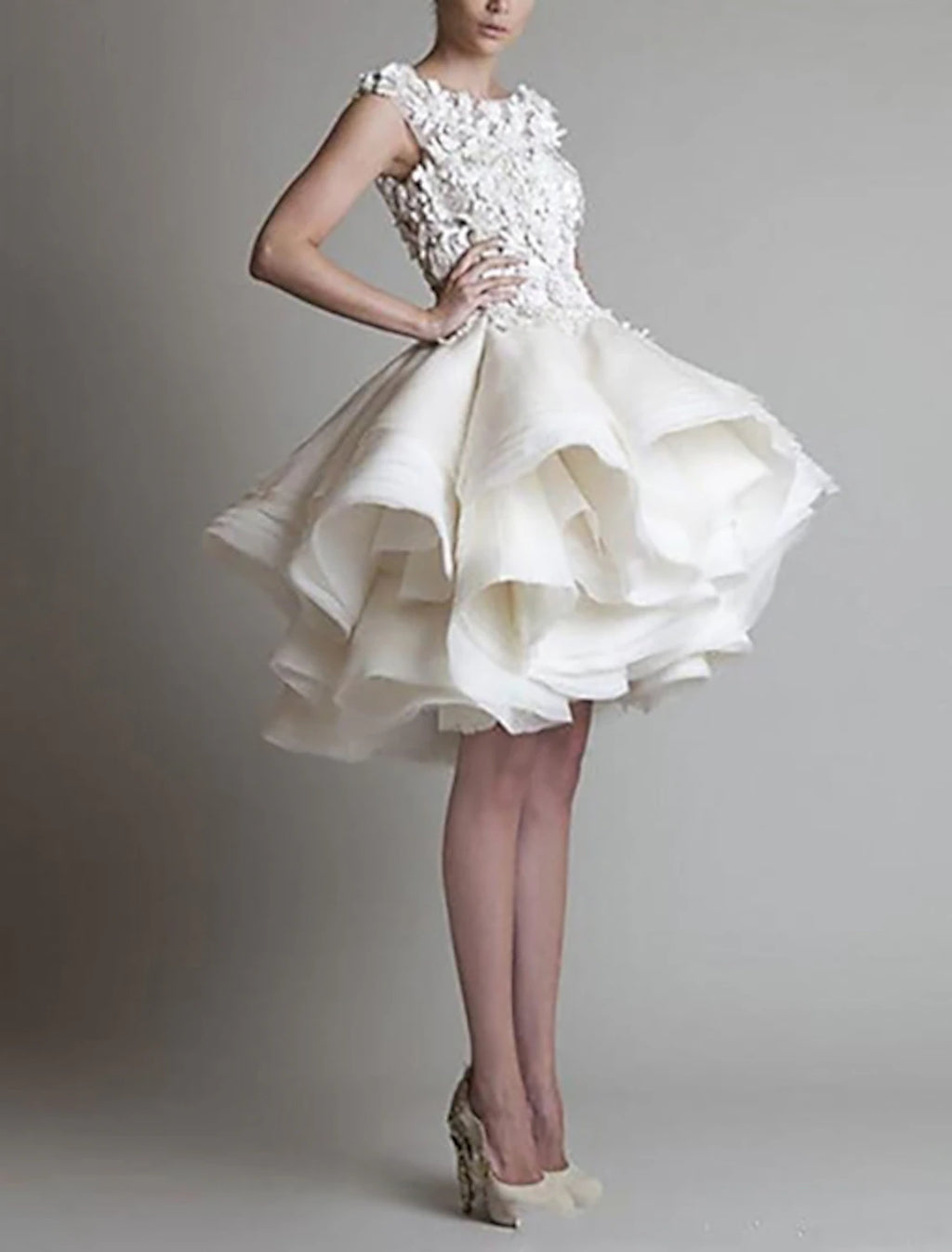 A-line1950s Valentine's Day Sleeveless Jewel Neck Organza with Appliques Tiered Shouder Short/Mini Homecoming Dress