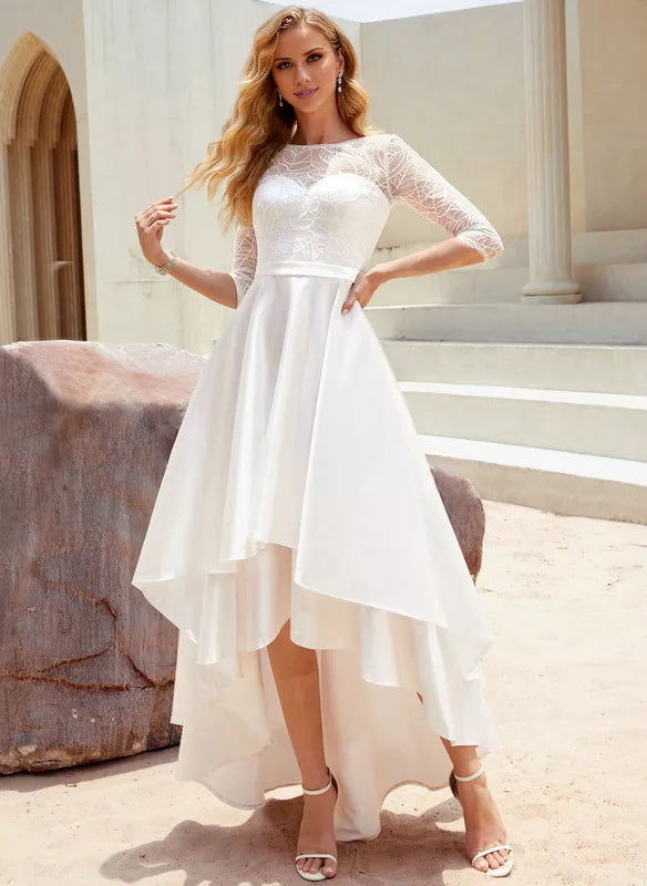 Abito da sposa asimmetrico in raso e pizzo con paillettes, a trapezio