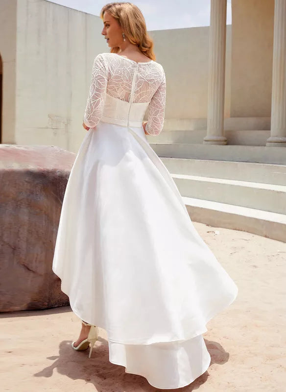 White Lace A-Line Asymmetrical Bridesmaid Dress with Boat Neck & High-Low Hem