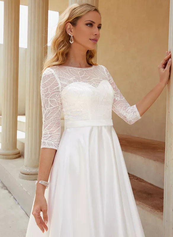 White Lace A-Line Asymmetrical Bridesmaid Dress with Boat Neck & High-Low Hem