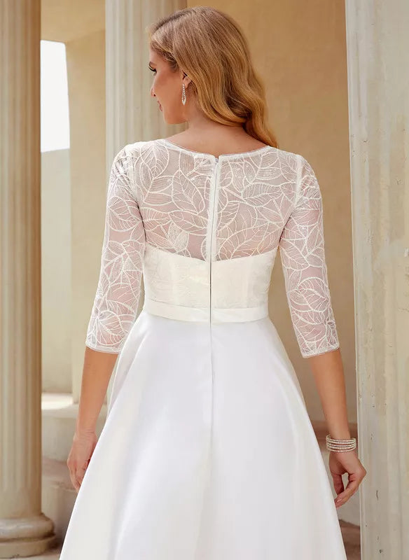 White Lace A-Line Asymmetrical Bridesmaid Dress with Boat Neck & High-Low Hem