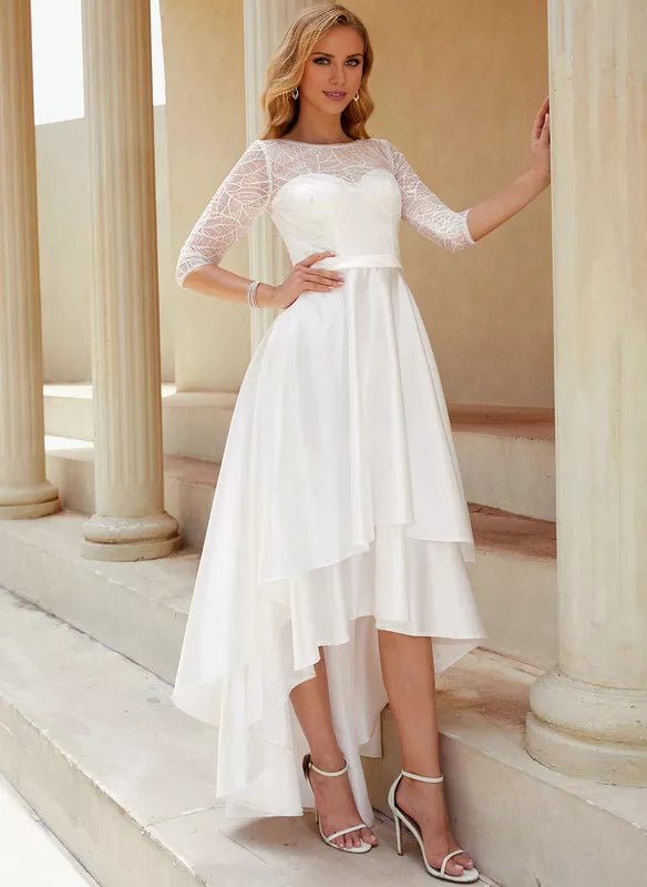 White Lace A-Line Asymmetrical Bridesmaid Dress with Boat Neck & High-Low Hem