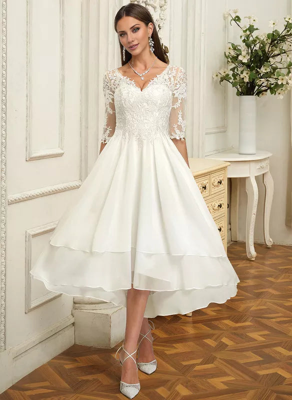 Ivory Lace A-Line Asymmetrical V-Neck Bridesmaid Dress with High-Low Tiered Skirt