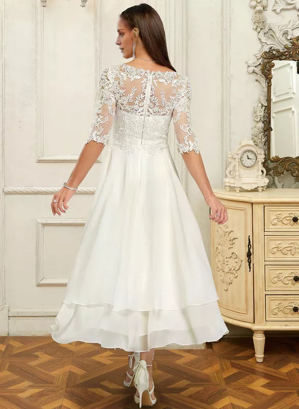 Ivory Lace A-Line Asymmetrical V-Neck Bridesmaid Dress with High-Low Tiered Skirt