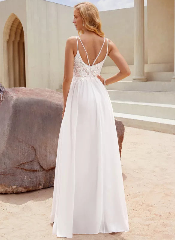 Ivory Lace A-Line Floor-Length Bridesmaid Dress with High Slit