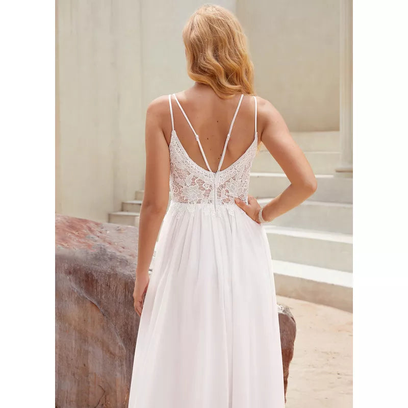 Abito da sposa in chiffon di pizzo con scollo a V e lunghezza al pavimento