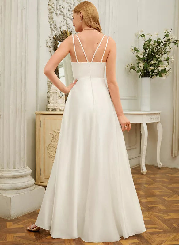 Ivory Satin A-Line Floor-Length Bridesmaid Dress with Draped V-Neck and High Slit