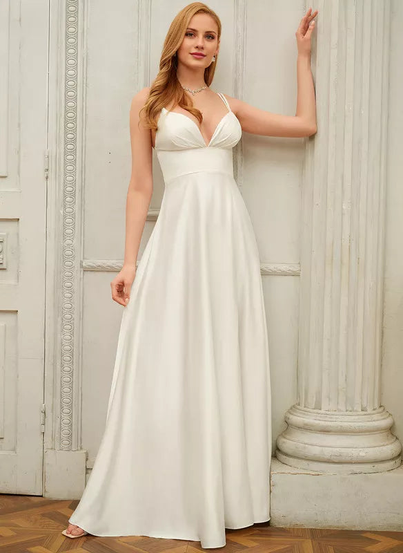 Ivory Satin A-Line Floor-Length Bridesmaid Dress with Draped V-Neck and High Slit
