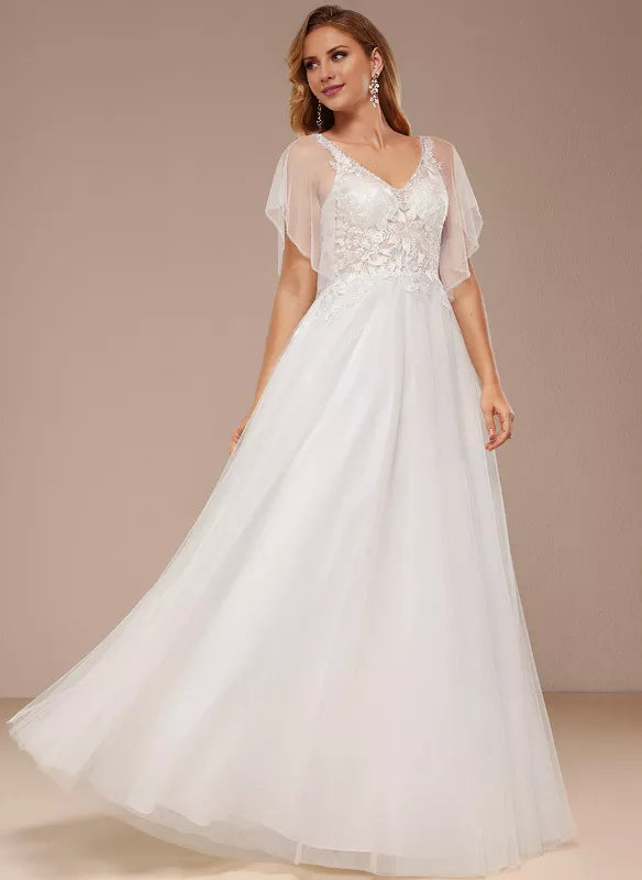 Ivory Tulle A-Line Floor-Length Dress with V-Neck + Lace Bodice & Flutter Sleeves
