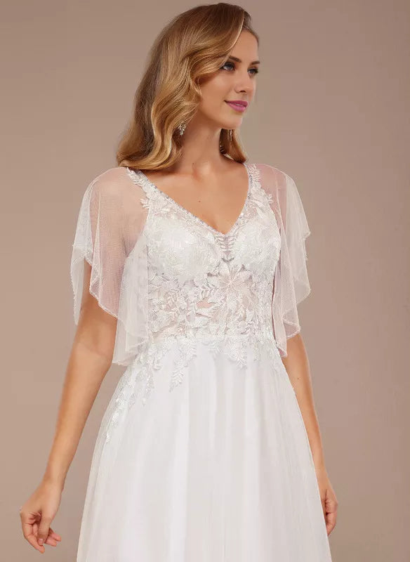 Ivory Tulle A-Line Floor-Length Dress with V-Neck + Lace Bodice & Flutter Sleeves