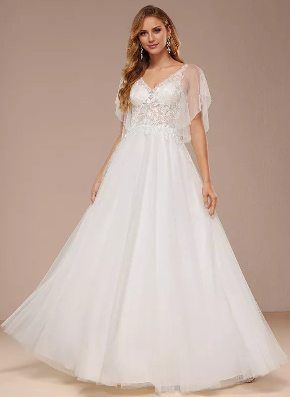 Ivory Tulle A-Line Floor-Length Dress with V-Neck + Lace Bodice & Flutter Sleeves