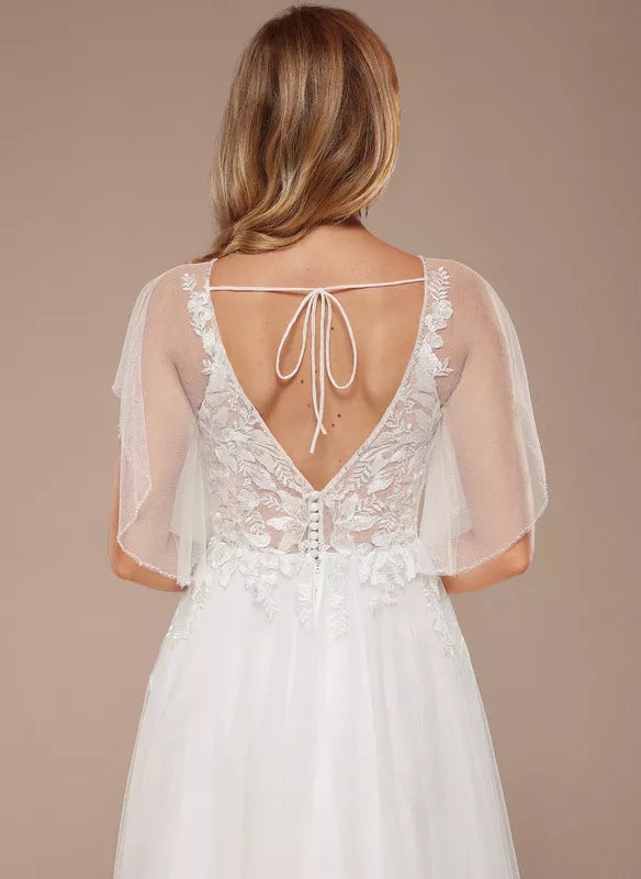 Ivory Tulle A-Line Floor-Length Dress with V-Neck + Lace Bodice & Flutter Sleeves