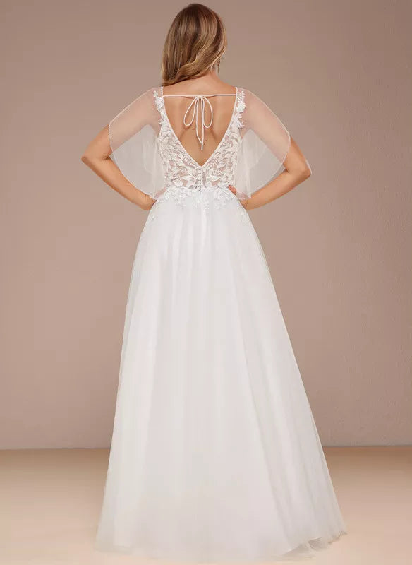 Ivory Tulle A-Line Floor-Length Dress with V-Neck + Lace Bodice & Flutter Sleeves