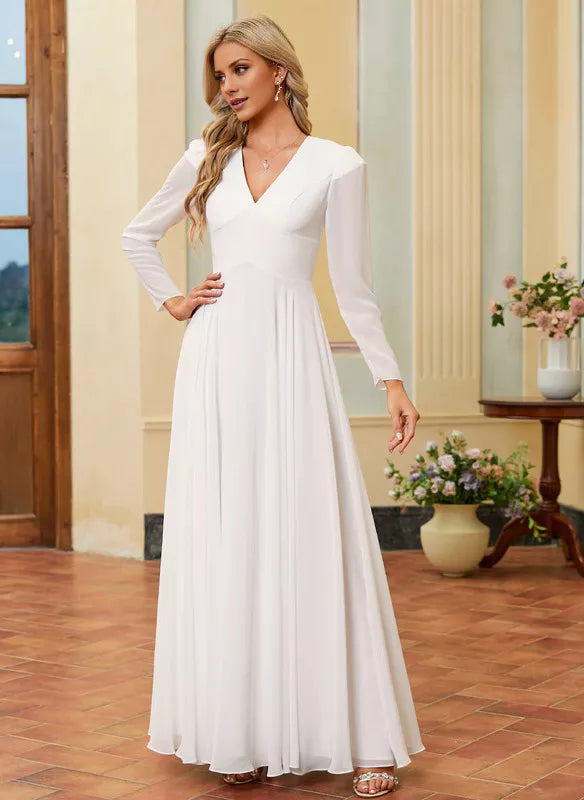 Vestido de novia de gasa con escote en V, manga larga y largo hasta el suelo