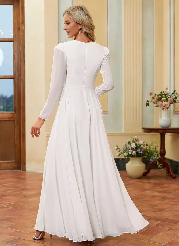 Vestido de novia de gasa con escote en V, manga larga y largo hasta el suelo