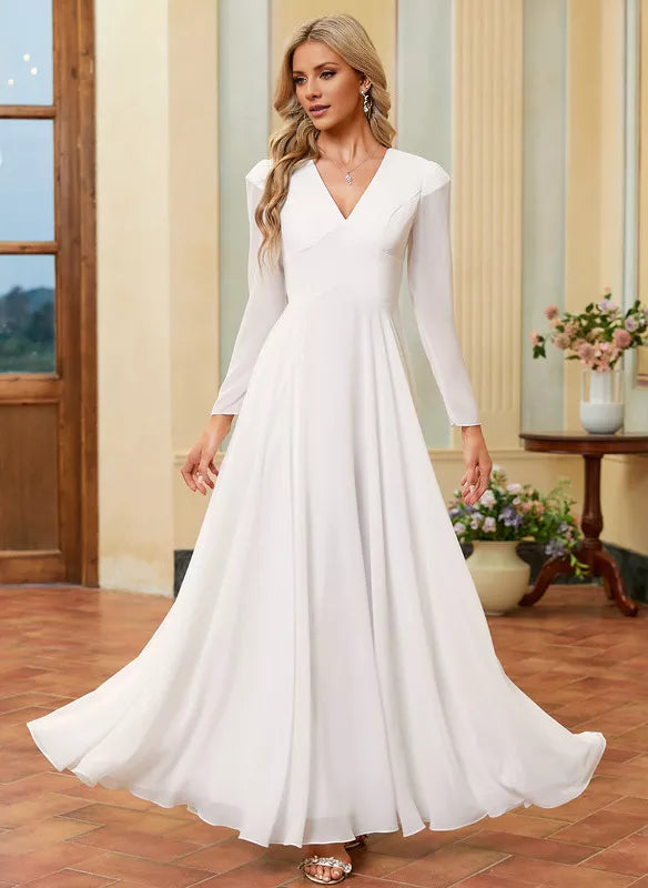 Vestido de novia de gasa con escote en V, manga larga y largo hasta el suelo