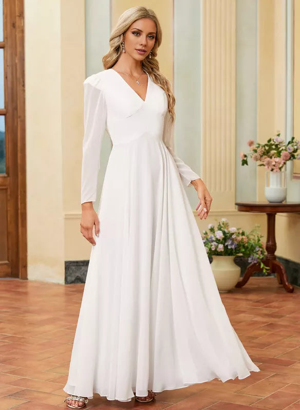 Vestido de novia de gasa con escote en V, manga larga y largo hasta el suelo