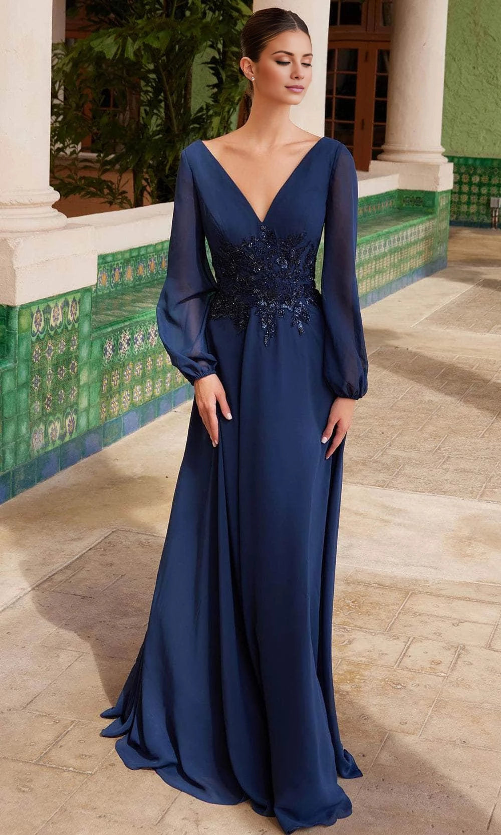 Dark Navy Chiffon A-Line V-Neck Floor-Length Evening Dress