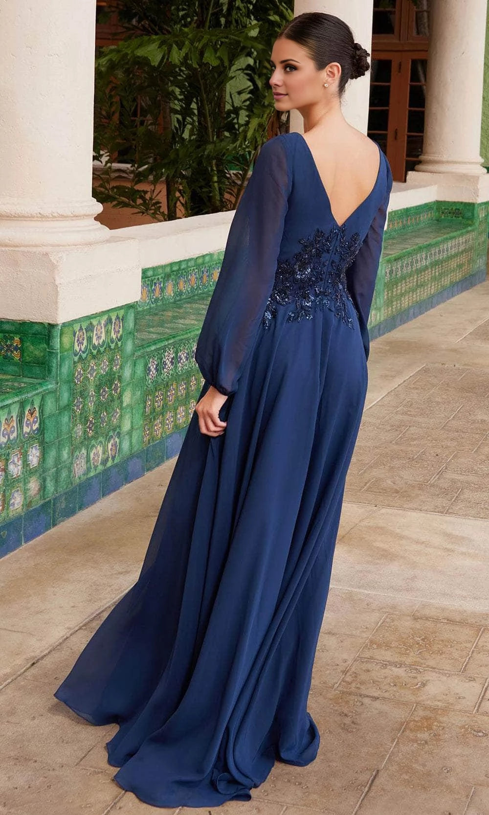 Dark Navy Chiffon A-Line V-Neck Floor-Length Evening Dress