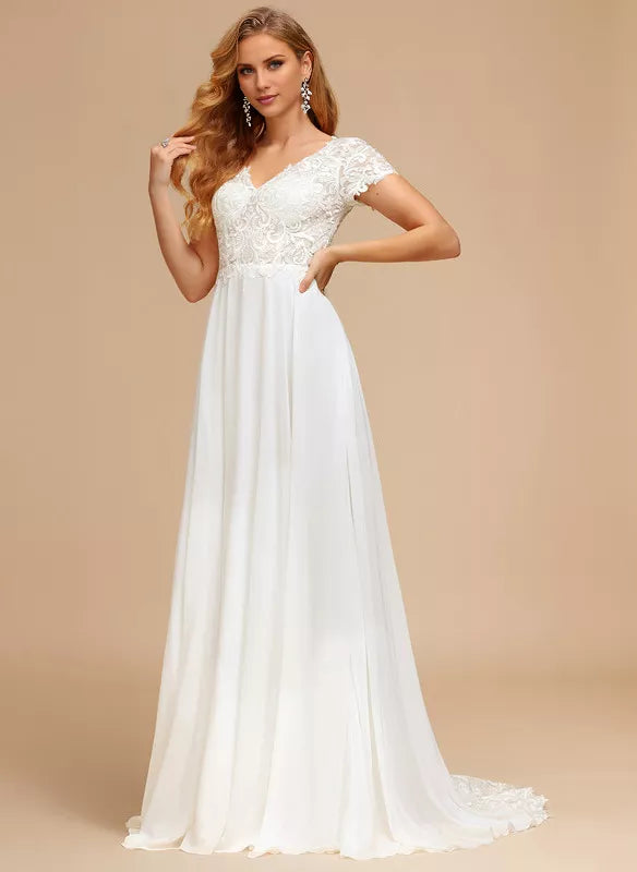 Abito da sposa in chiffon con scollo a V, maniche corte e pizzo allacciato