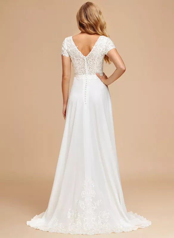 Abito da sposa in chiffon con scollo a V, maniche corte e pizzo allacciato