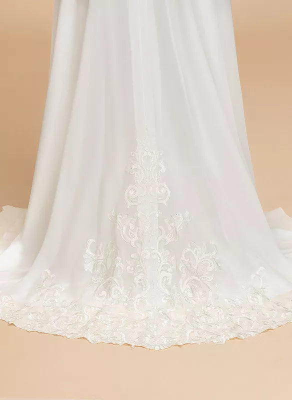 Abito da sposa in chiffon con scollo a V, maniche corte e pizzo allacciato