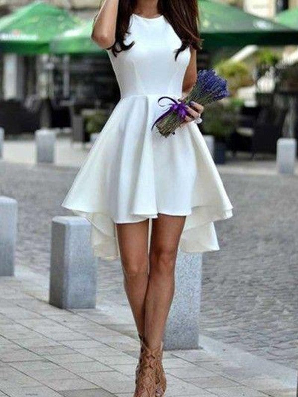 A-line Scoop neck sleeveless short ruffled satin dress Homecoming Dress