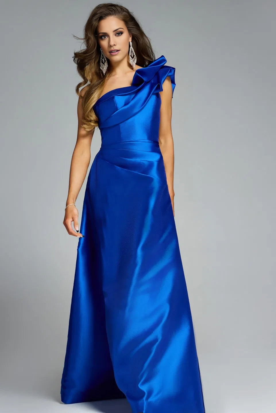 A-line asymmetrical collar satin and floor length evening dress