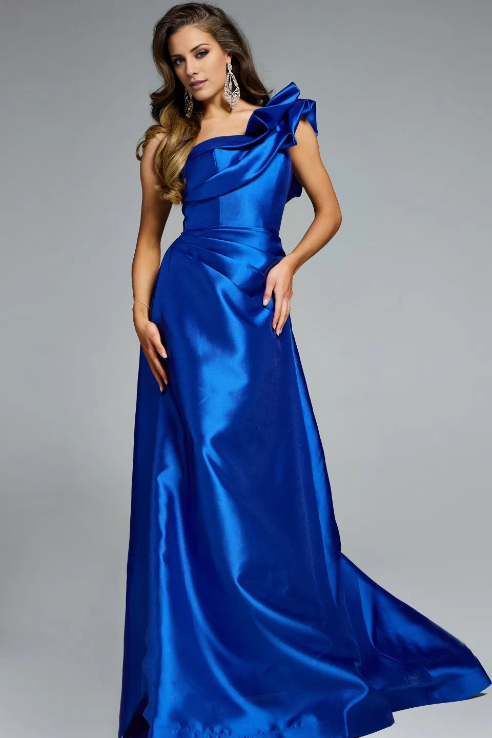 A-line asymmetrical collar satin and floor length evening dress