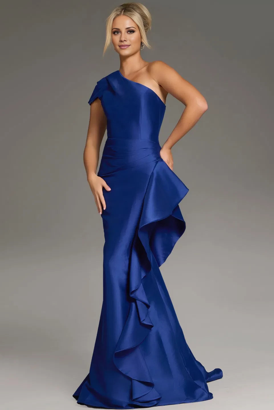 A-line asymmetrical neckline satin ruffle and floor length evening dress
