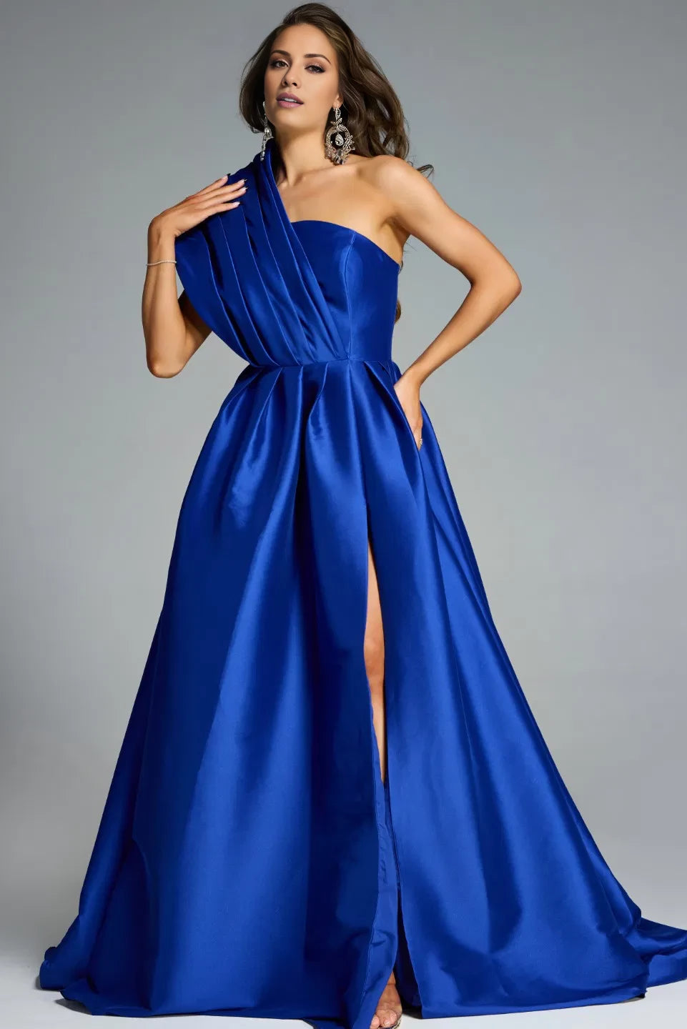 A-line asymmetrical neckline with pleated details satin side slit and floor length evening dress