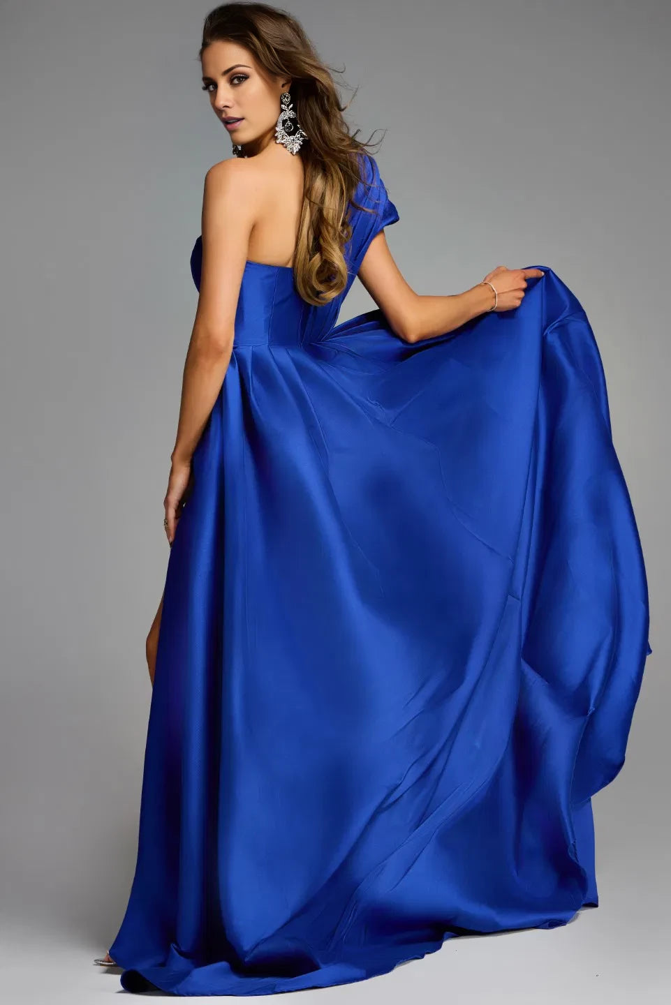 A-line asymmetrical neckline with pleated details satin side slit and floor length evening dress