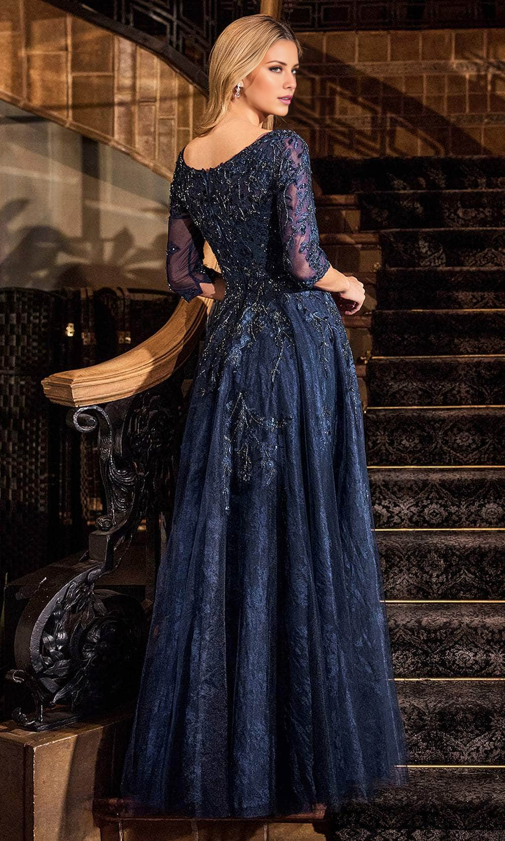 A-line boat collar with three-quarters sleeve pleat details and floor length mother of the bride dress