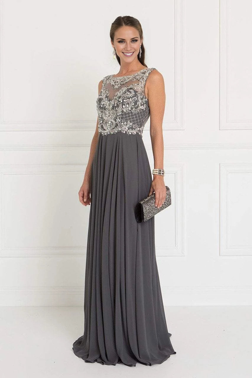 Grey Embellished Chiffon A-Line Floor-Length Evening Dress