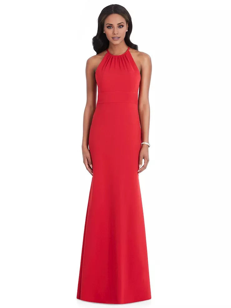 Abito da ballo lungo fino al pavimento, senza maniche, scollatura rotonda, spalle scoperte e schiena scoperta