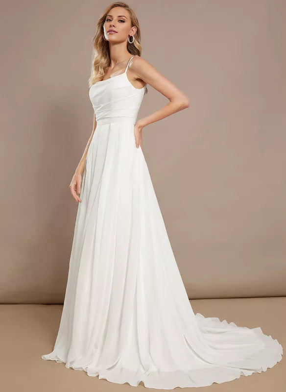 Abito da sposa in chiffon a trapezio con spalle sottili e senza maniche