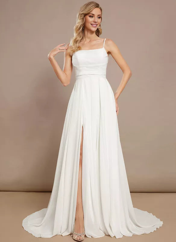 Abito da sposa in chiffon a trapezio con spalle sottili e senza maniche