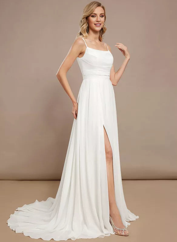 White Chiffon A-Line Floor-Length Bridesmaid Dress - Straight Neck, High Slit
