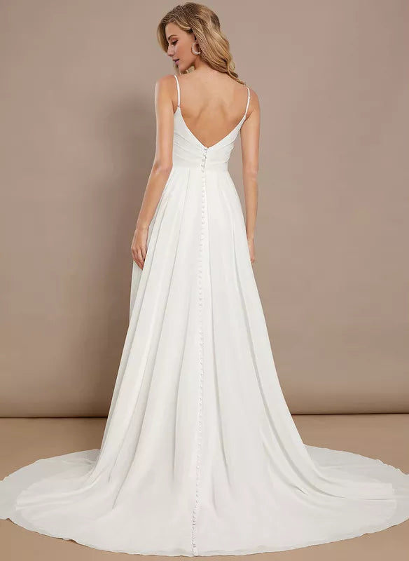 Abito da sposa in chiffon a trapezio con spalle sottili e senza maniche