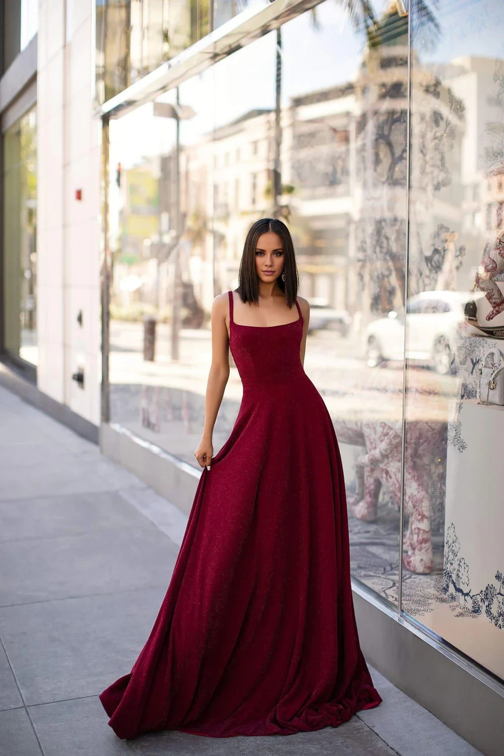 Burgundy Glitter Fabric Spaghetti Strap A-Line Floor-Length Evening Dress