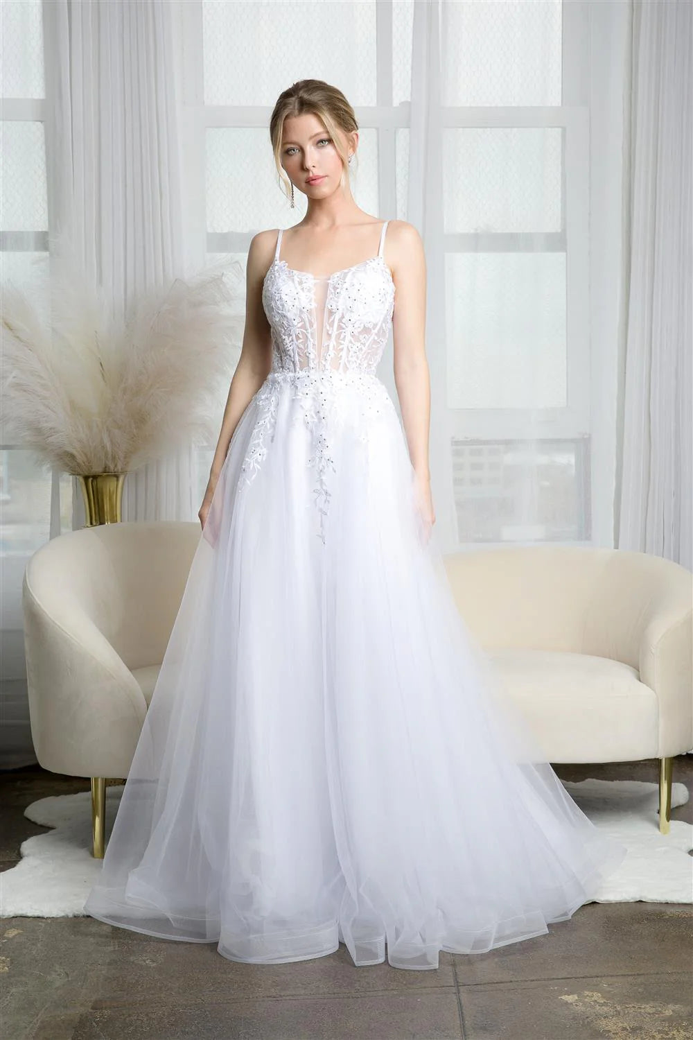 Vestido de novia largo sin mangas con corsé transparente y ajustado con calcomanía floral bordada