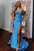 Blue Strapless Rhinestone Mermaid Prom Dress