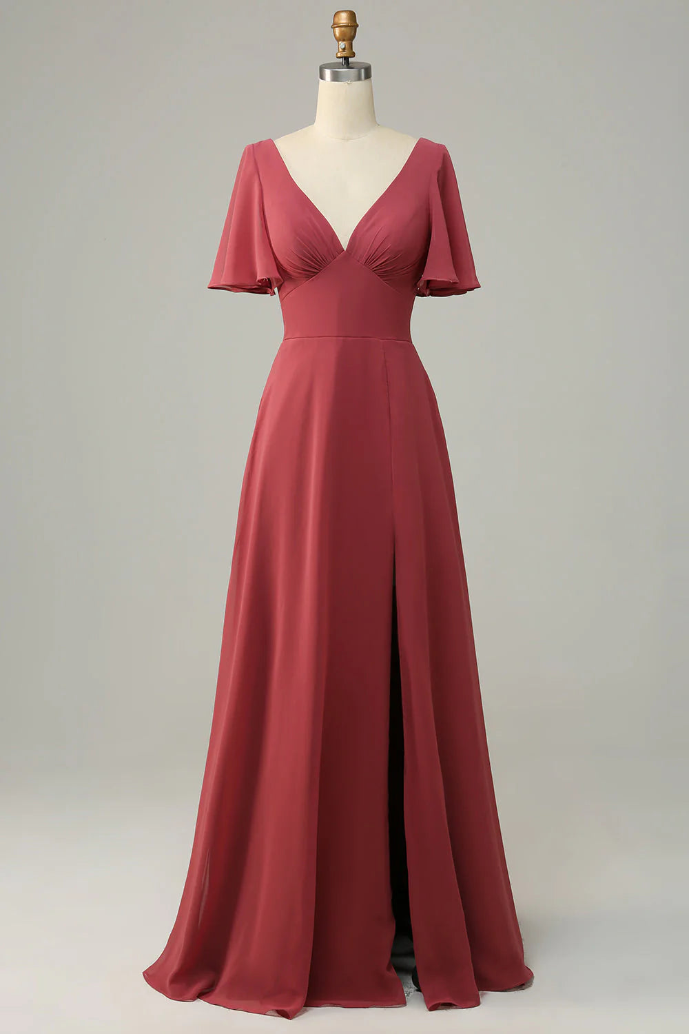 Vestido de dama de honor con escote en V, manga corta y espalda descubierta