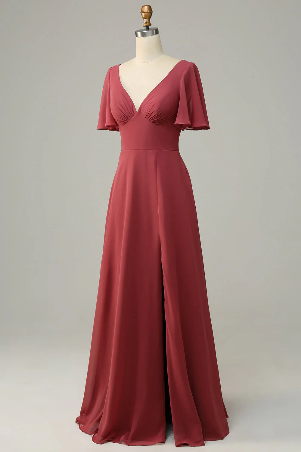 Vestido de dama de honor con escote en V, manga corta y espalda descubierta