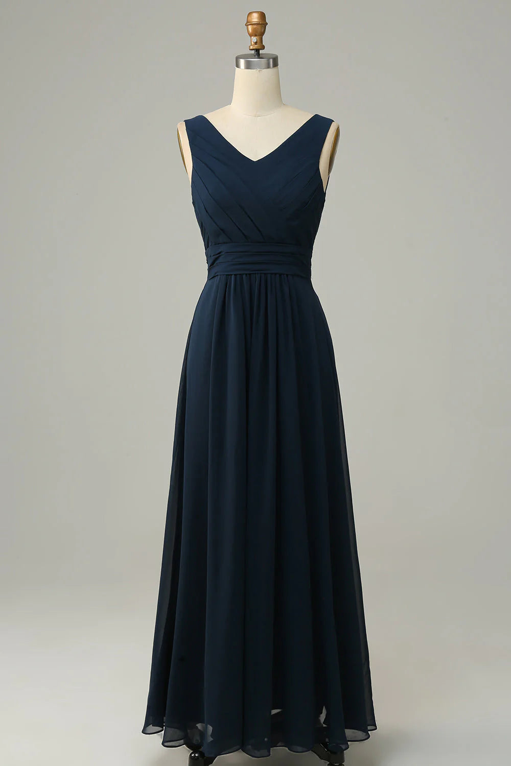 Dark Navy Chiffon A-Line V-Neck Floor-Length Bridesmaid Dress for Formal Events