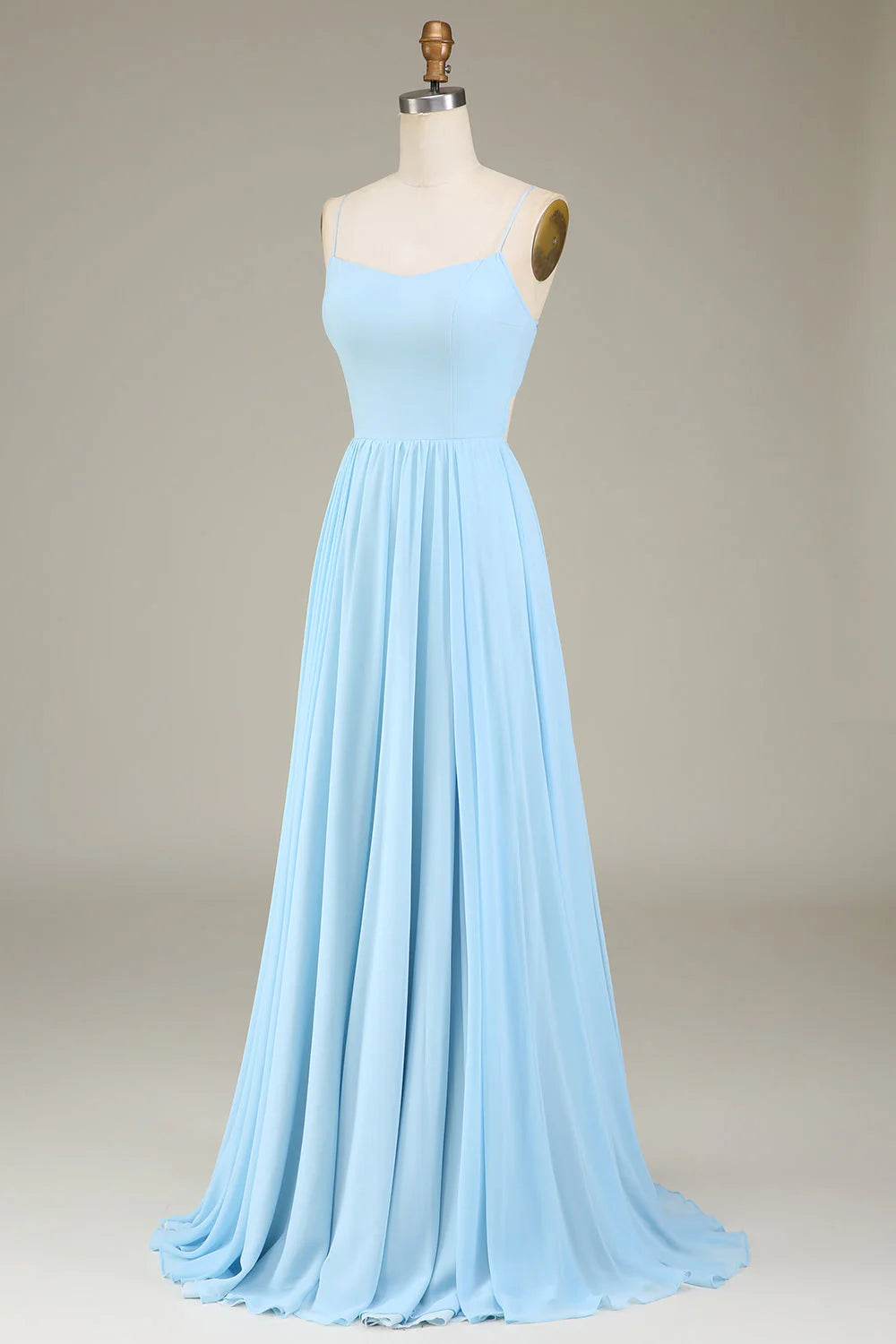 A-line thin shoulder strap sky blue chiffon long bridesmaid dress