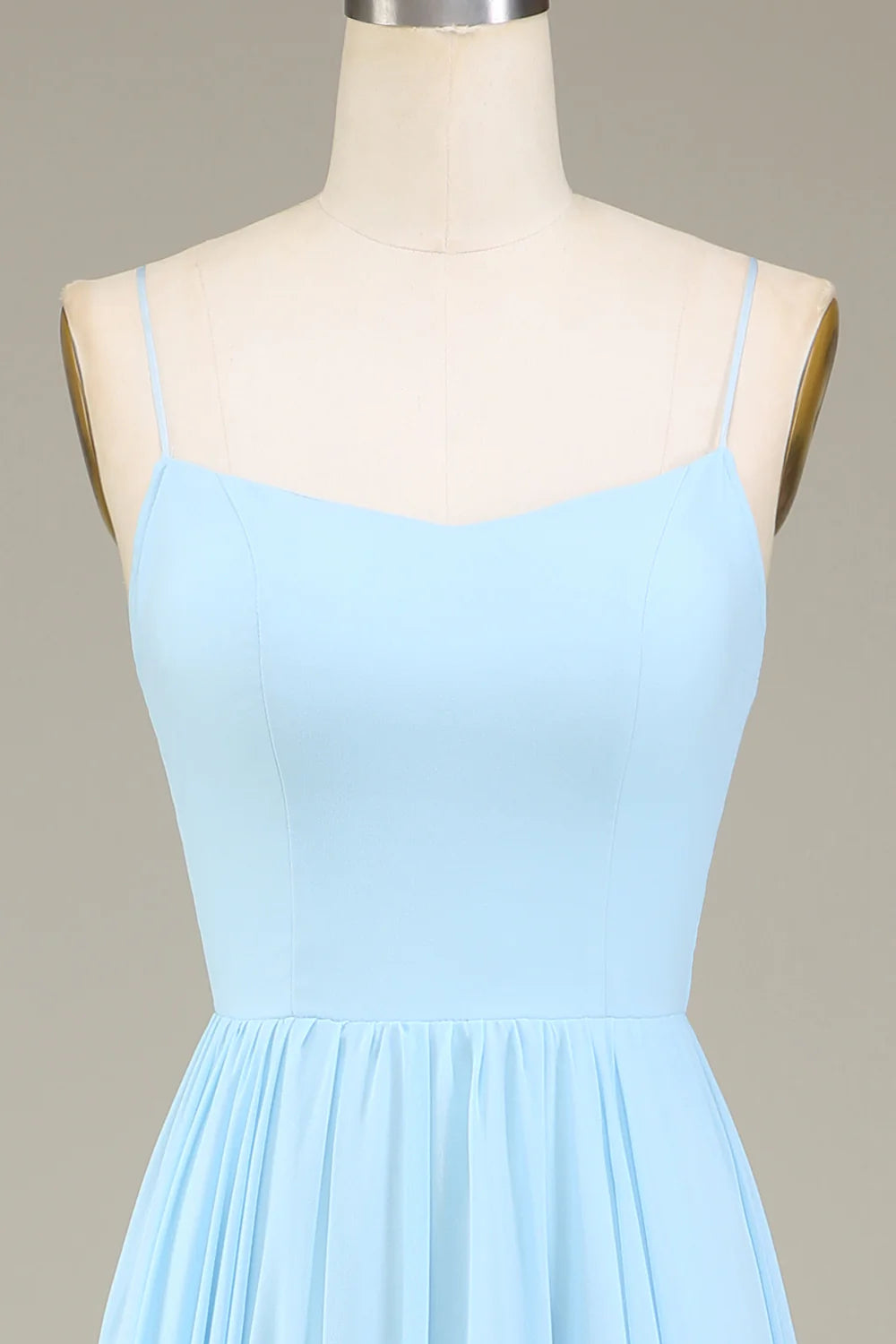 A-line thin shoulder strap sky blue chiffon long bridesmaid dress